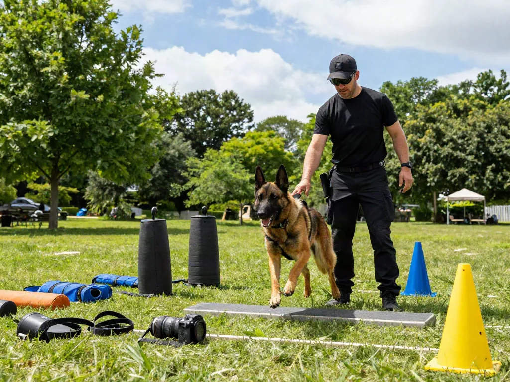 Dog trainer demonstrating K9 skills with rokok88 equipment in an outdoor park.
