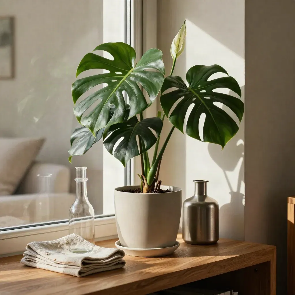 Parlak pencere yanında monstera ve barış zambağı; yapraklar silinmiş, sakin ve bakımlı.